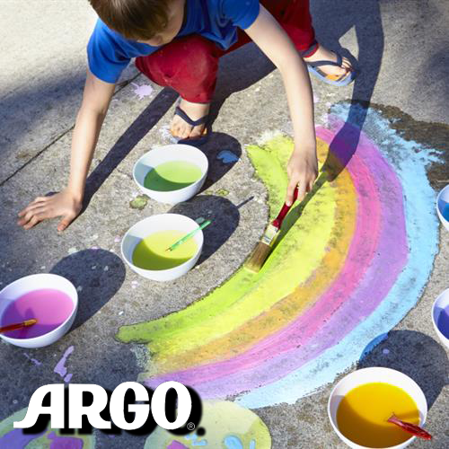 A child painting a rainbow with sidewalk chalk