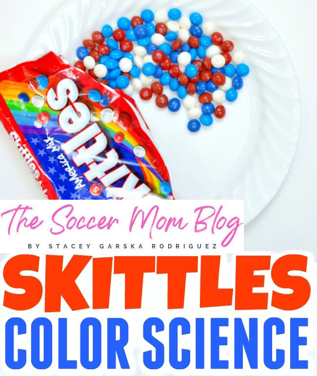 Red, white, and blue skittles poured onto a white plate with the label Skittles Color Science