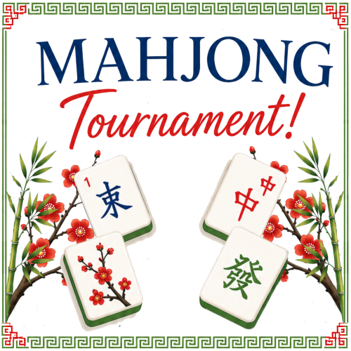 Poster for a Mahjong Tournament with blue 'MAHJONG' and red 'Tournament!' text, decorative green border and blossom tiles.